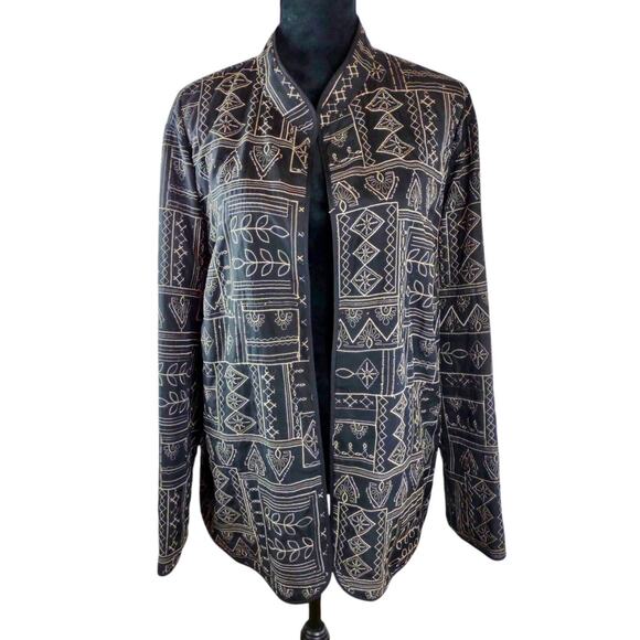 ALFRED DUNNER Jacket 2X Black Ecru Geometric Floral Lightweight Fall - Picture 2 of 5